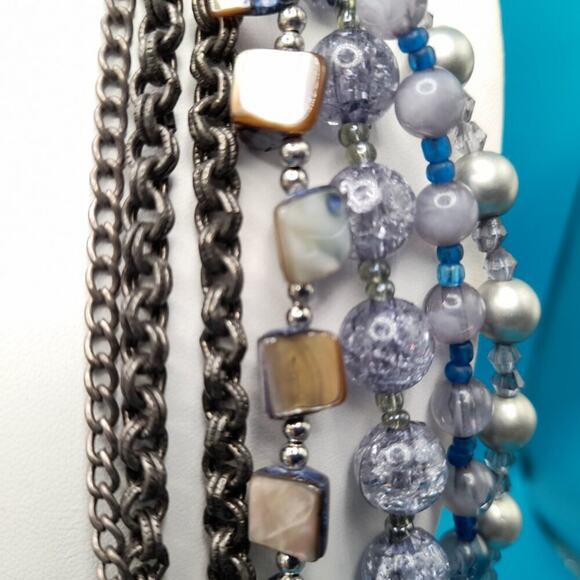 Chico’s Layered Beaded Necklace Silver Tone Glass Pearl Shell 7 Strands 30” - Picture 6 of 15
